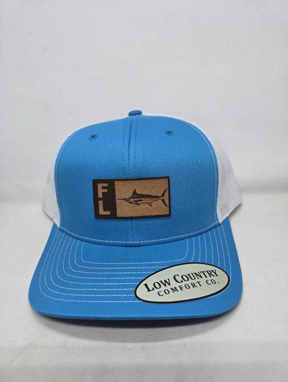 🎣🌊 Low Country Comfort Co Marlin Trucker Hat Carolina Blue White Mesh Snapback